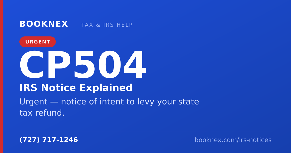IRS CP504 notice explained — Urgent — notice of intent to levy your state tax refund. Booknex Inc.