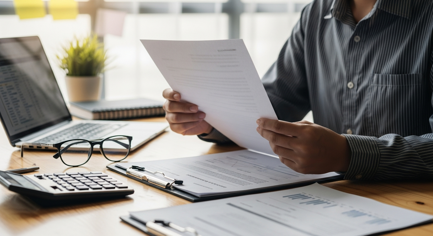 Person reviewing an IRS notice letter with tax documents — Booknex Inc. helps you understand and respond to IRS notices